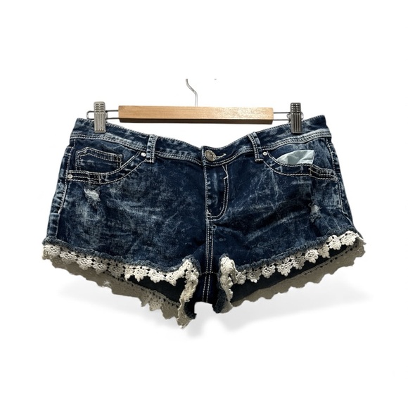 Almost Famous Blue Jean Shorts with Lace Trim - Picture 1 of 3